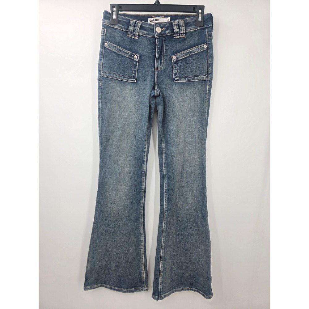 Garage Denim Womens Low Rise Flare Jeans Blue Medium Wash Patch Pockets Size 5